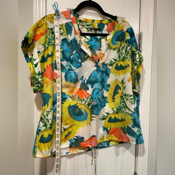 Chaus Sunflower Print V Neck Short Sleeve Drawstring Waist Blouse Size L - Picture 6 of 11